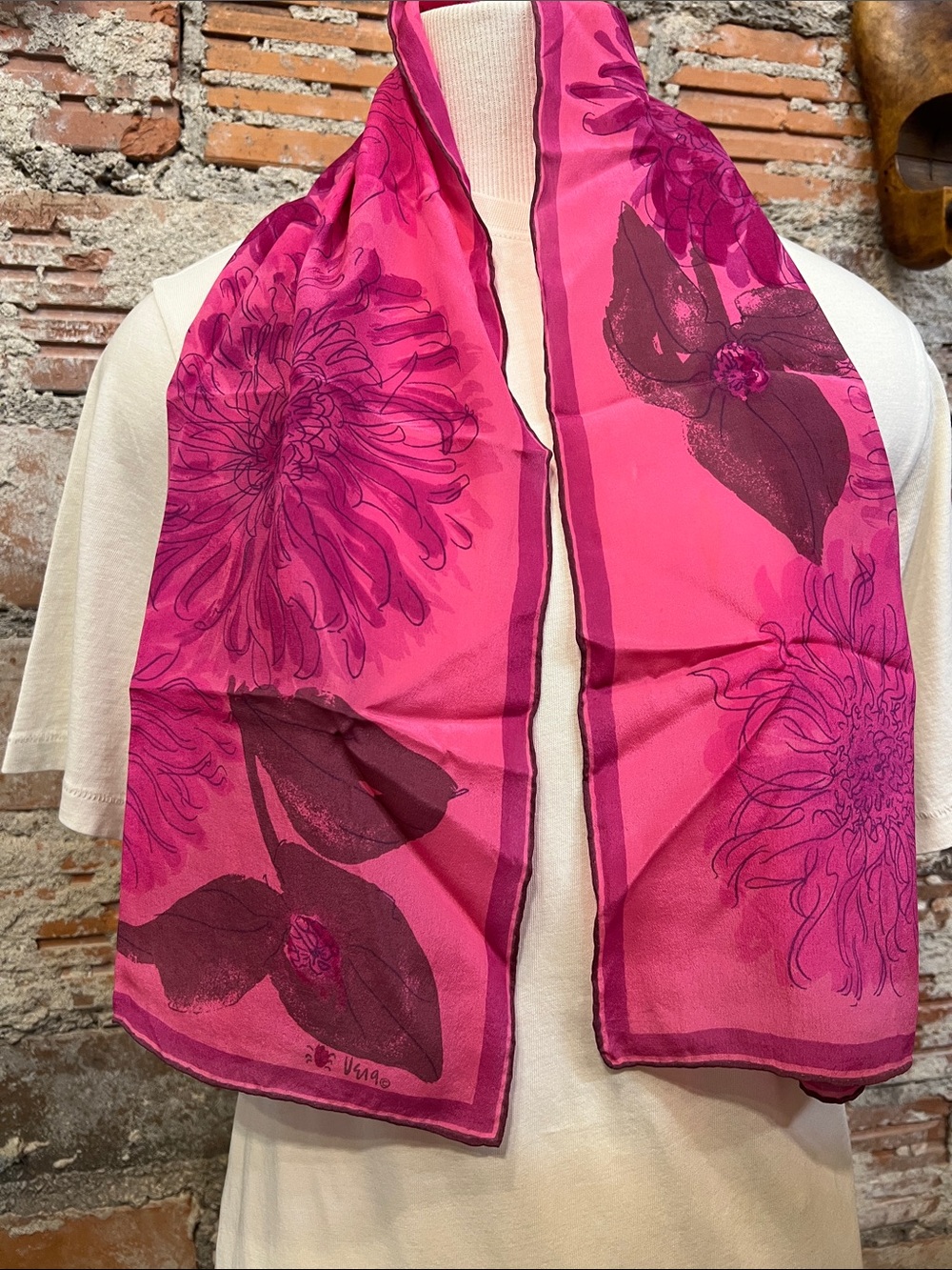 Vintage Vera Neumann oblong Scarf original folds Fuchsia Lady bug logo.